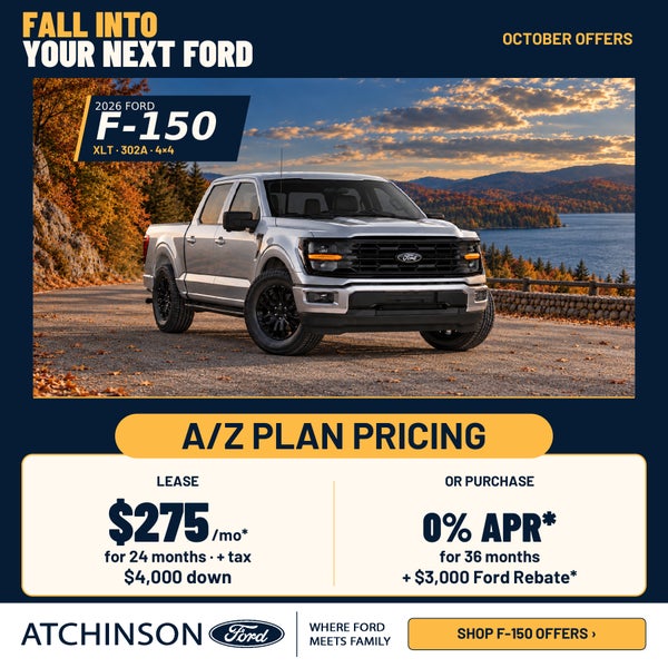 2026 Ford F-150 XLT · 302A · 4×4 — A/Z Plan October offer: lease $275/month for 24 months with $4,000 down, or 0% APR for 36 months plus $3,000 Ford rebate. Ends 11/2/2026.