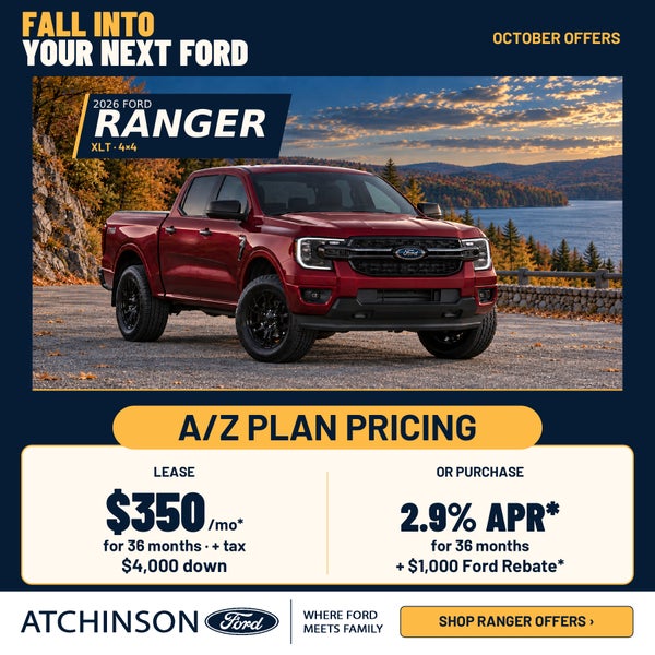 2026 Ford Ranger XLT · 4×4 — A/Z Plan October offer: lease $350/month for 36 months with $4,000 down, or 2.9% APR for 36 months plus $1,000 Ford rebate. Ends 11/2/2026.
