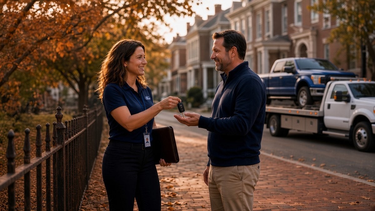 Atchinson Ford salesperson handing keys to an out-of-state customer at home delivery